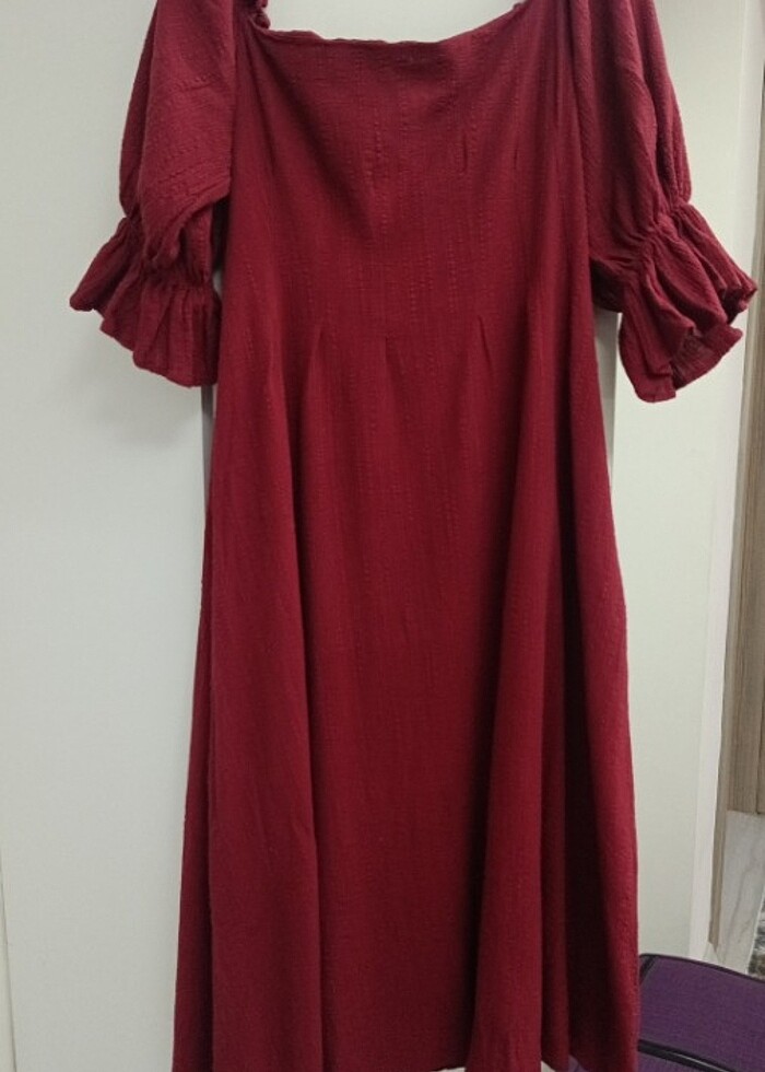 Balon kollu bordo midi boy elbise - Görsel 4