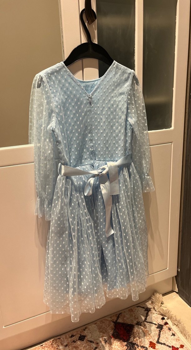 Uzun Kollu Mavi Kız Çocuk Elbisesi - Görsel 3