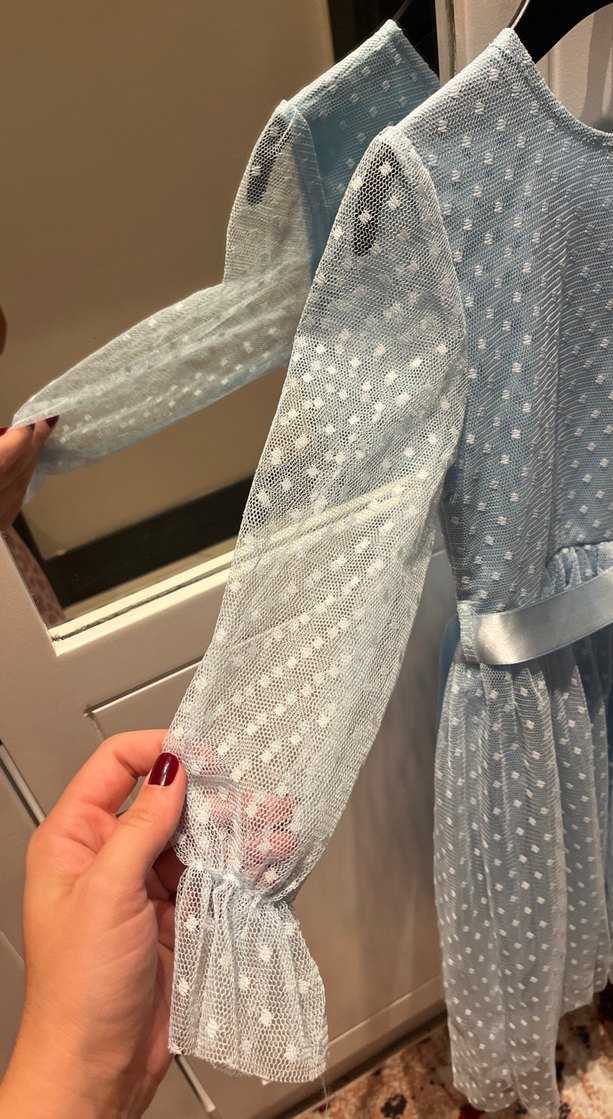 Uzun Kollu Mavi Kız Çocuk Elbisesi - Görsel 2