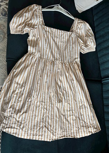 Bej Çizgili Midi Pamuklu Elbise - Görsel 2