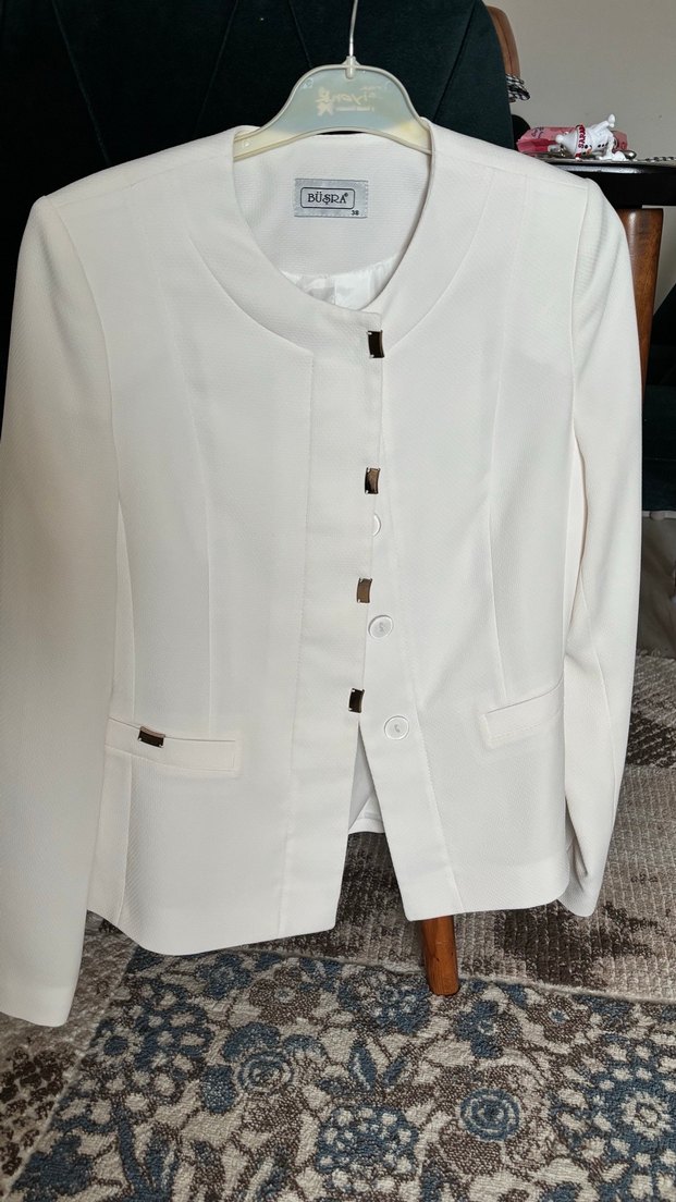 Düğmeli Beyaz Kadın Blazer Ceket - Görsel 5