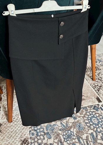 Düğmeli Siyah Midi Kadın Etek - Görsel 2