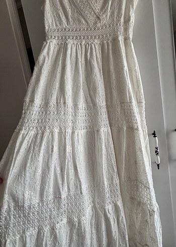 Dantel Detaylı Beyaz Uzun Bohem Elbise - Görsel 2