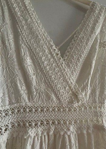 Dantel Detaylı Beyaz Uzun Bohem Elbise - Görsel 6