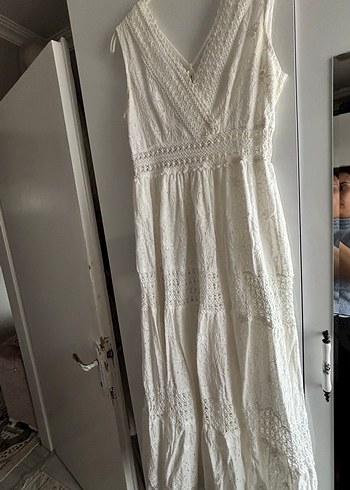 Dantel Detaylı Beyaz Uzun Bohem Elbise - Görsel 5