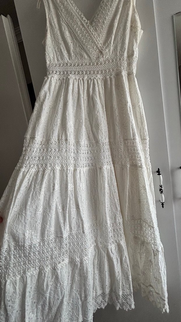 Dantel Detaylı Beyaz Uzun Bohem Elbise - Görsel 2