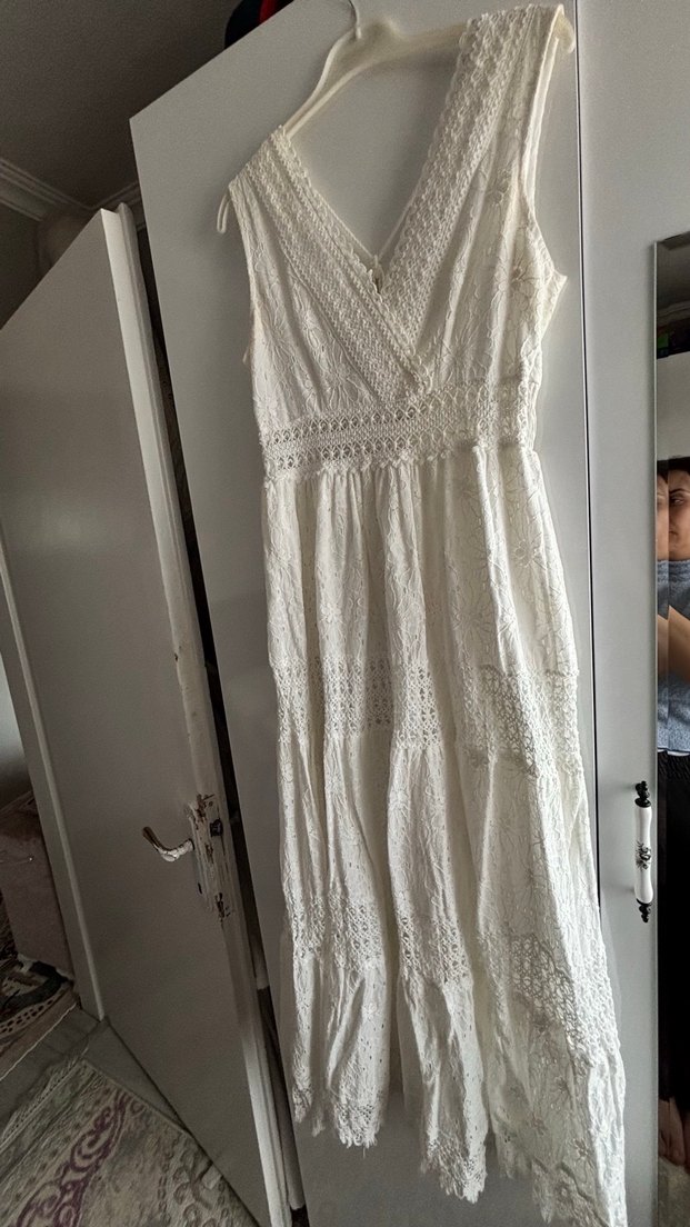 Dantel Detaylı Beyaz Uzun Bohem Elbise - Görsel 5