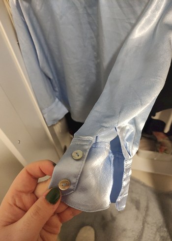 xl Beden mavi Renk Parlak Mavi Uzun Kollu saten Gömlek