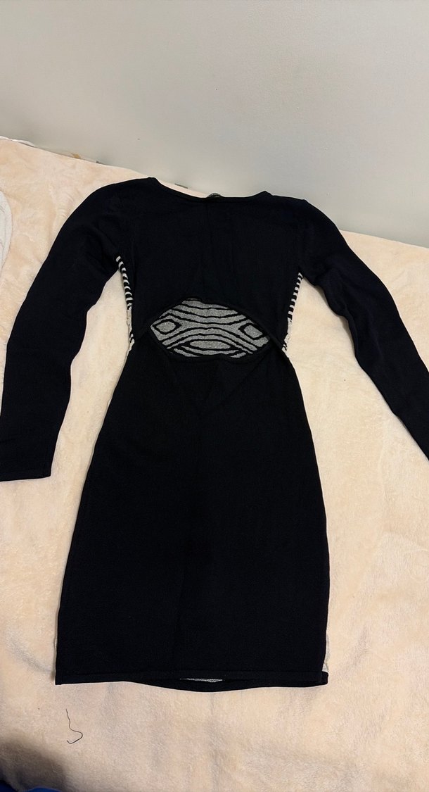 Zebra Desenli Uzun Kollu Siyah V Yaka Elbise - Görsel 4