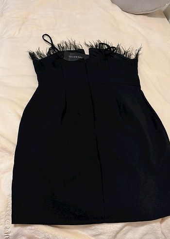 Kürk Detaylı Siyah Straplez  Elbise - Görsel 4