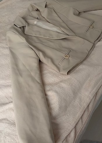 Bej Keten Mini Kadın Blazer Ceket - Görsel 2