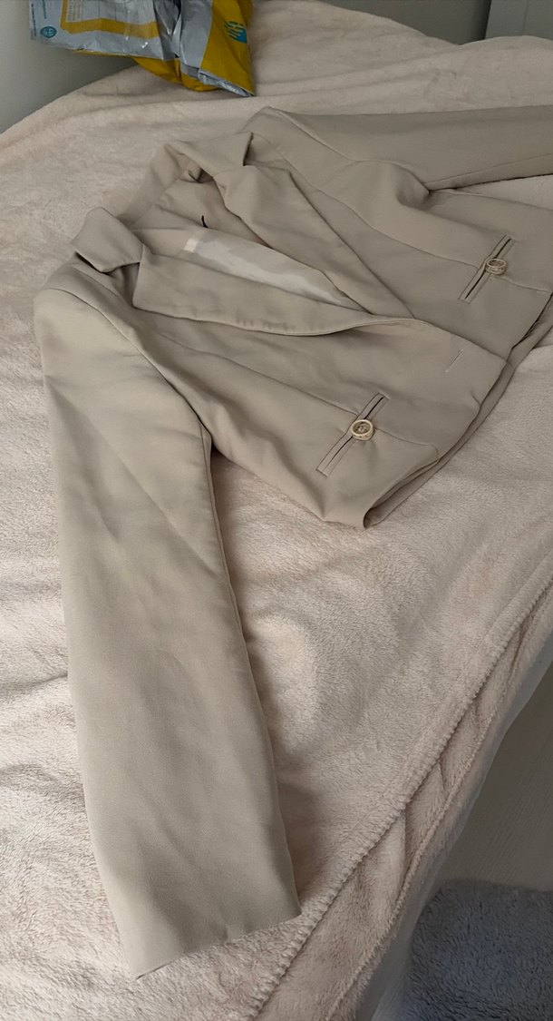 Bej Keten Mini Kadın Blazer Ceket - Görsel 2