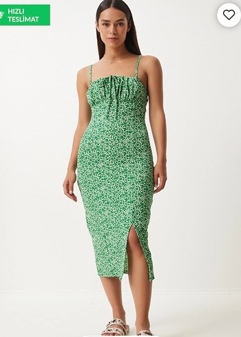 Yeşil Desenli İnce Askılı Uzun Elbise - Görsel 2