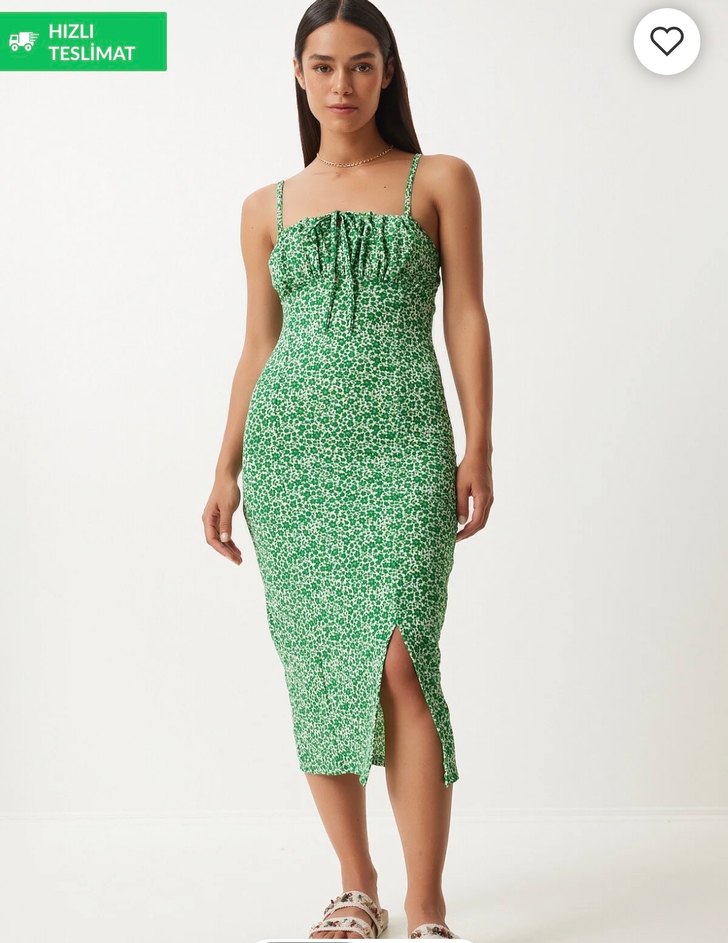 Yeşil Desenli İnce Askılı Uzun Elbise - Görsel 2