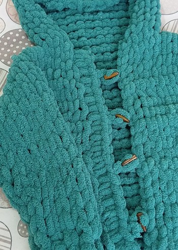 Turkuaz Kapüşonlu Örgü Kız erkek ortak renk hırka - Görsel 7