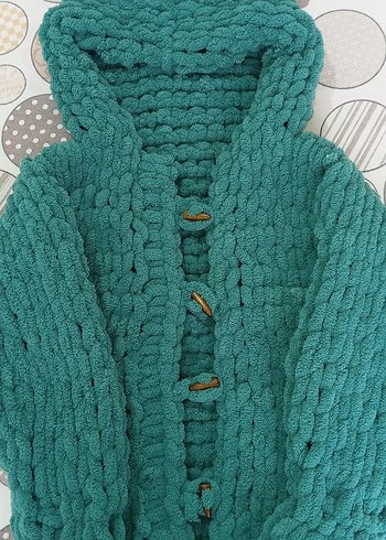 Turkuaz Kapüşonlu Örgü Kız erkek ortak renk hırka - Görsel 5