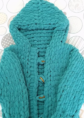 Turkuaz Kapüşonlu Örgü Kız erkek ortak renk hırka - Görsel 2