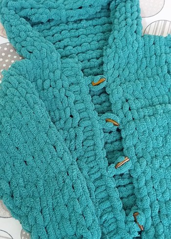 Turkuaz Kapüşonlu Örgü Kız erkek ortak renk hırka - Görsel 3