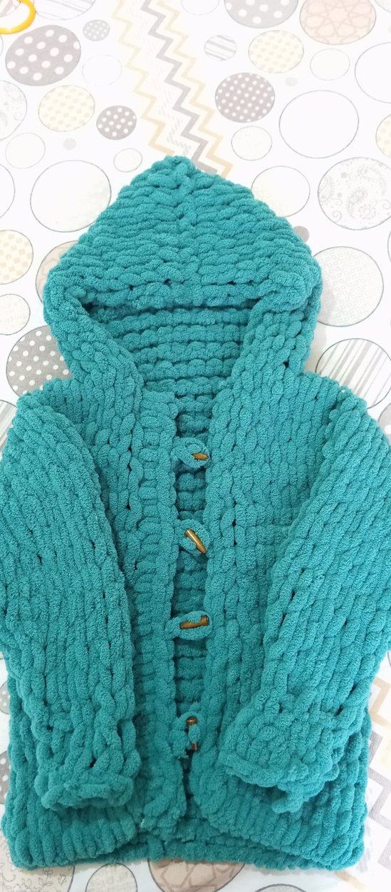 Turkuaz Kapüşonlu Örgü Kız erkek ortak renk hırka - Görsel 2