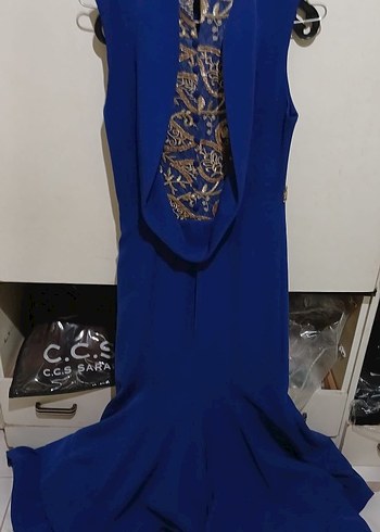 Kadın Mavi Uzun Abiye Elbise, Kemerli - Görsel 4