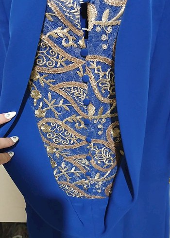 Kadın Mavi Uzun Abiye Elbise, Kemerli - Görsel 5