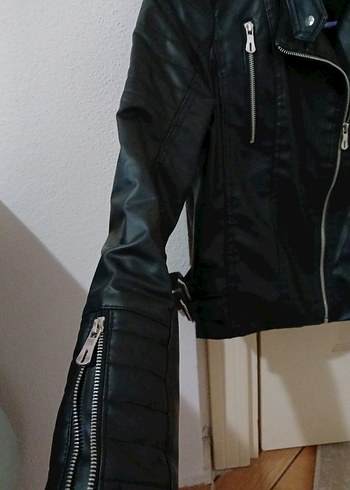 Siyah Kadın Deri Biker Ceket - Görsel 5