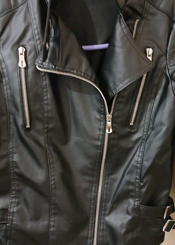 Siyah Kadın Deri Biker Ceket - Görsel 4