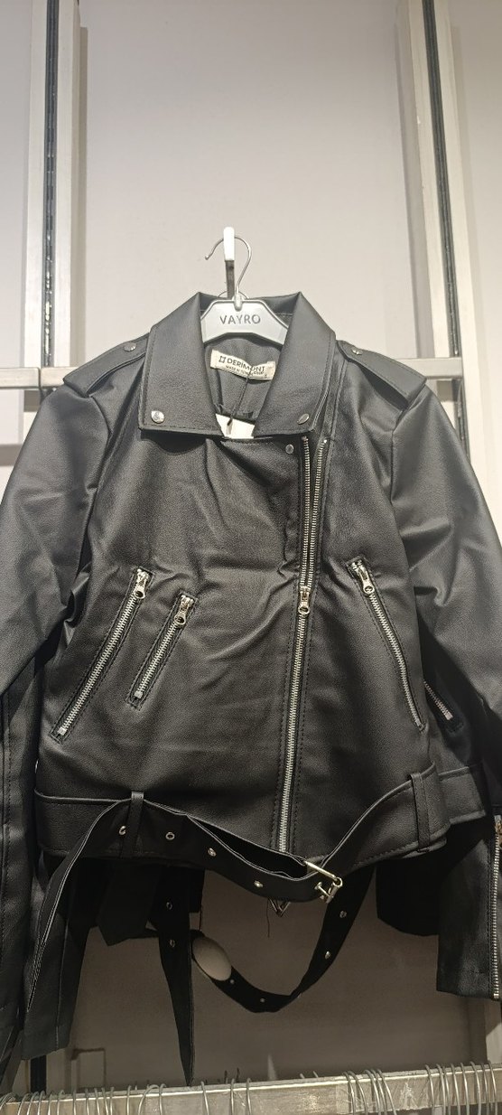 Kemerli Siyah Kısa Deri Biker Ceket - Görsel 4