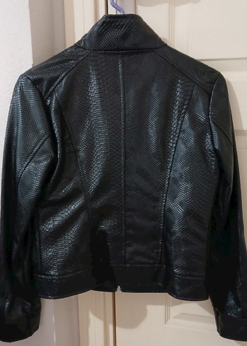 Kadın Siyah Yılan Derisi Desenli Biker Deri Ceket - Görsel 3