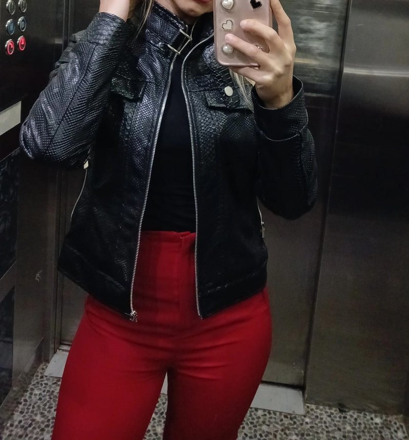 Kadın Siyah Yılan Derisi Desenli Biker Deri Ceket - Görsel 2