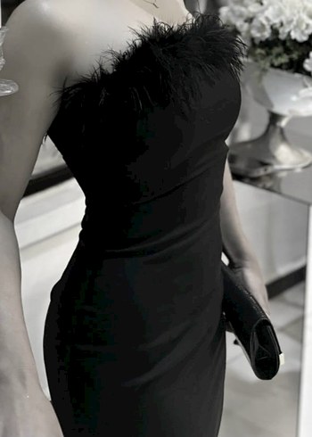 Kürk Detaylı Siyah Straplez Abiye - Görsel 2