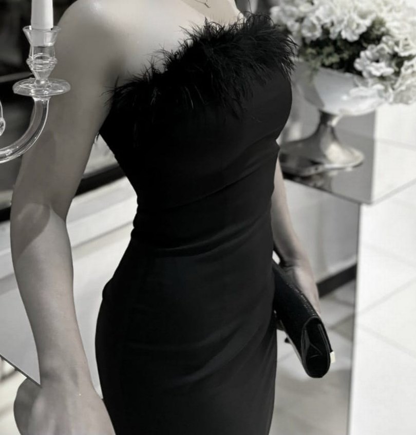 Kürk Detaylı Siyah Straplez Abiye - Görsel 2