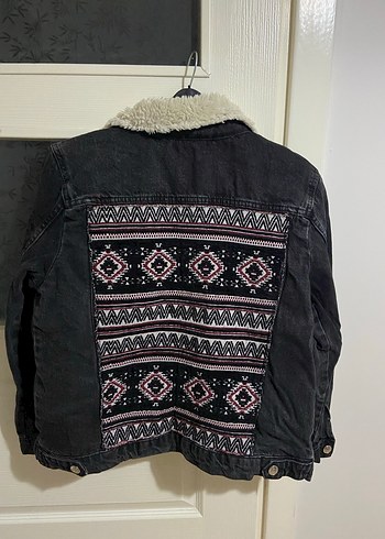m Beden Siyah Kürklü Kadın Denim Etnik Ceket
