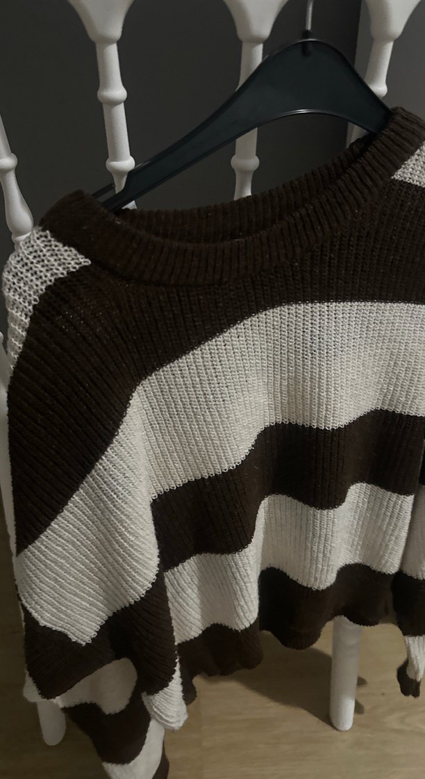 Çizgili Oversize Kadın Triko Kazak - Görsel 2