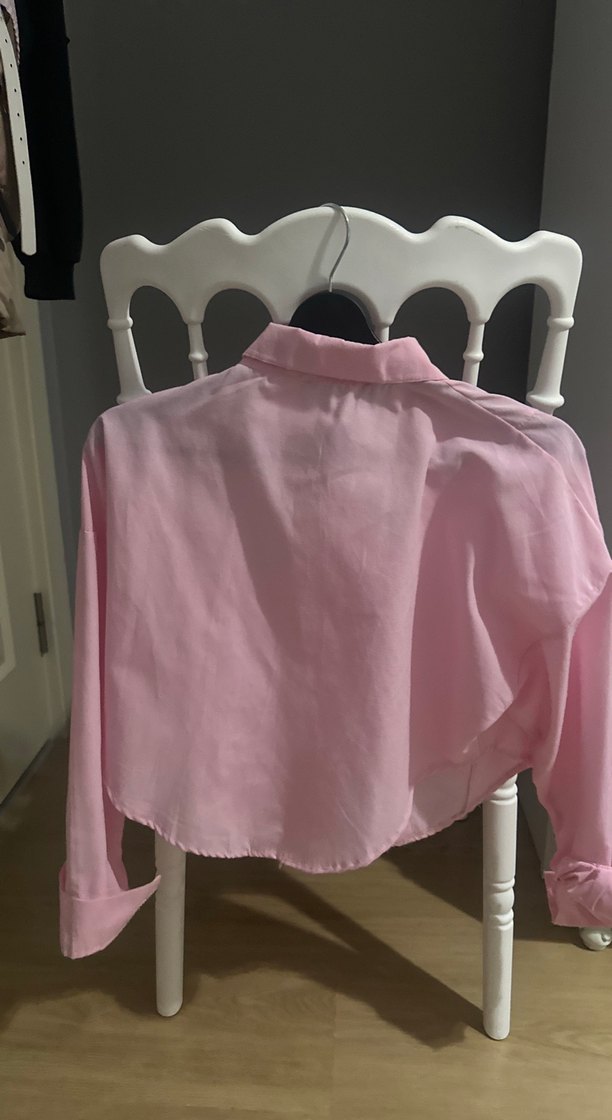 Düğmeli Pembe Kadın Keten Gömlek - Görsel 3