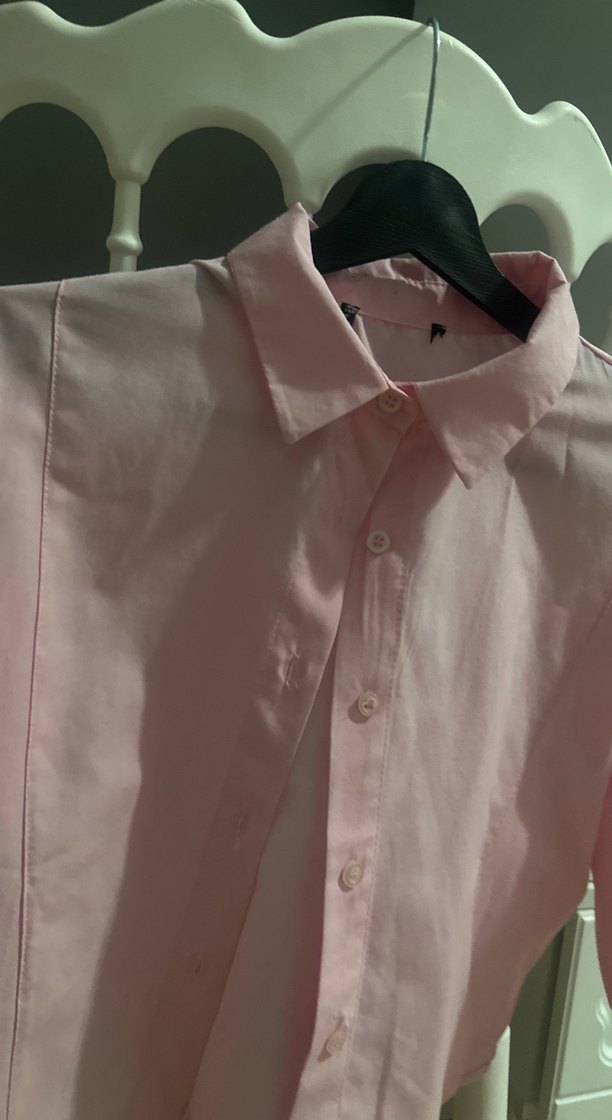 Düğmeli Pembe Kadın Keten Gömlek - Görsel 2