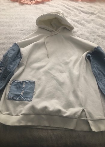 Kapüşonlu Beyaz Denim Kollu Sweatshirt - Görsel 2