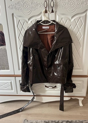 Kahverengi Deri Kemerli Kadın Ceket - Görsel 4