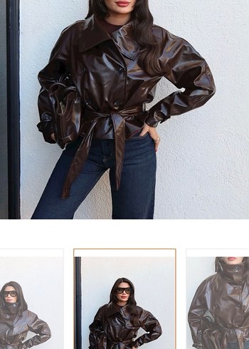 Kahverengi Deri Kemerli Kadın Ceket - Görsel 3