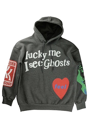 Diğer Lucky Me I See Ghost Kanye Baskılı Kapüşonlu Oversize Sweatshirt