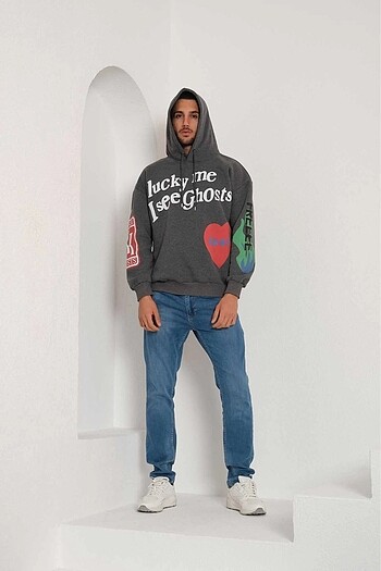 m Beden Lucky Me I See Ghost Kanye Baskılı Kapüşonlu Oversize Sweatshirt