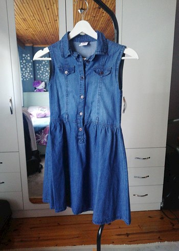 11-12 Yaş Beden Kız Çocuk Mavi Denim Düğmeli Elbise