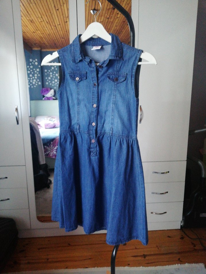 Kız Çocuk Mavi Denim Düğmeli Elbise - Görsel 3