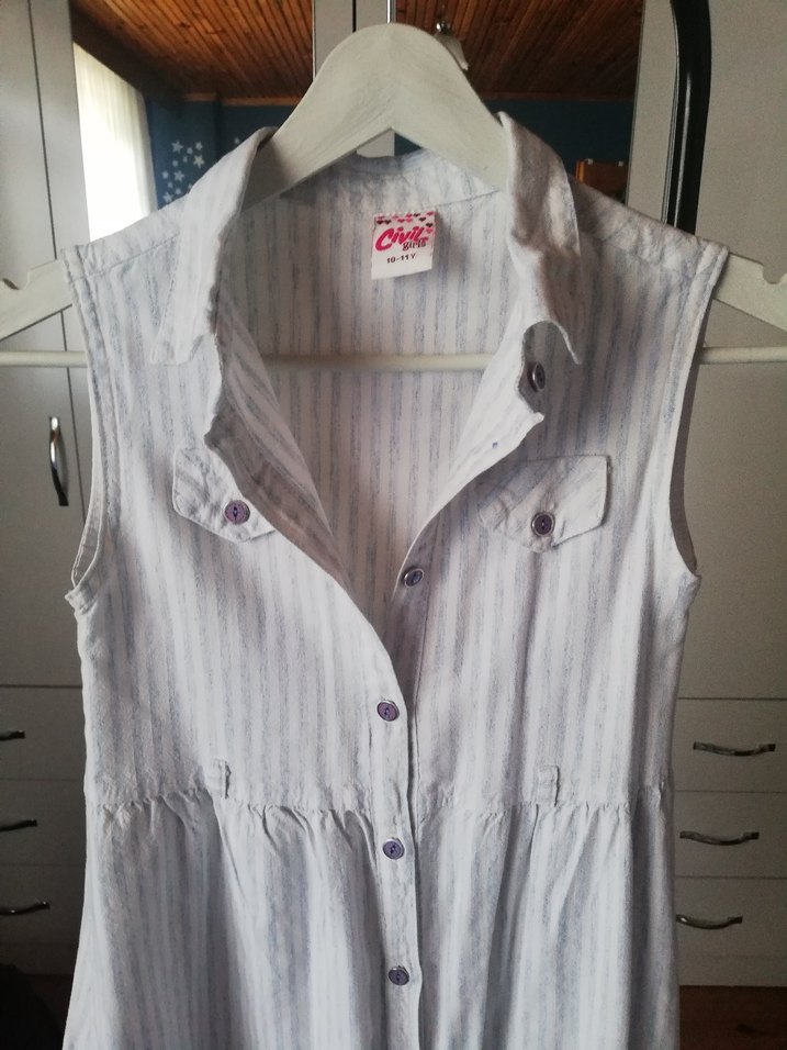 Kolsuz Çizgili Keten Gömlek Elbise - Görsel 2