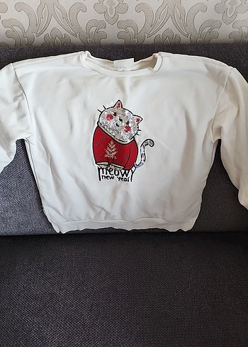 SON GÜNLER! Kadın Beyaz Baskılı Pamuklu Sweatshirt