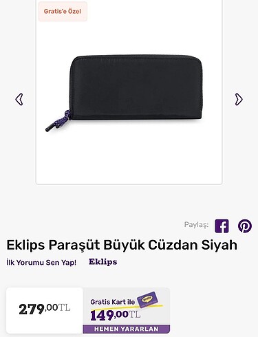 Eklips paraşüt kumaş siyah cüzdan
