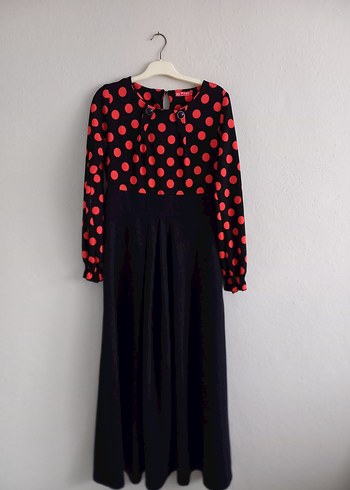 Kırmızı Puantiyeli Uzun Kollu Uzun Elbise - Görsel 3