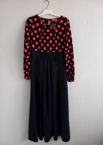 Kırmızı Puantiyeli Uzun Kollu Uzun Elbise - Görsel 2