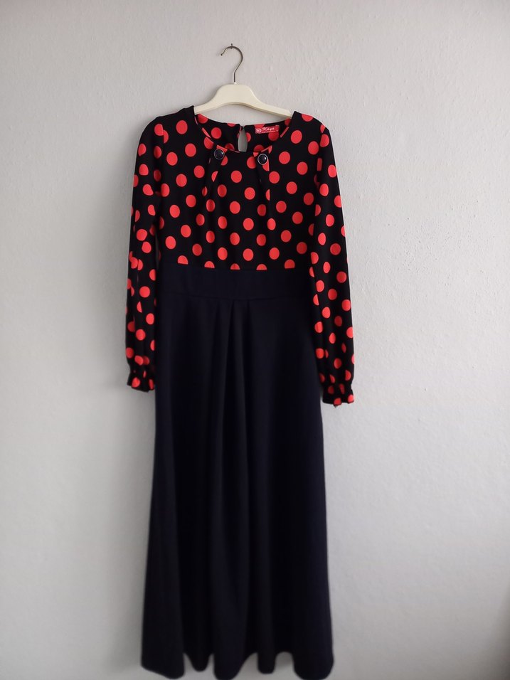 Kırmızı Puantiyeli Uzun Kollu Uzun Elbise - Görsel 3