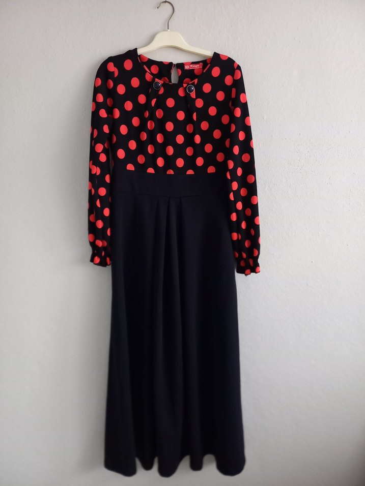 Kırmızı Puantiyeli Uzun Kollu Uzun Elbise - Görsel 2